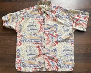 VTG 90s Kahala Hawaii Fish Print Rayon Cotton Linen Shirt L